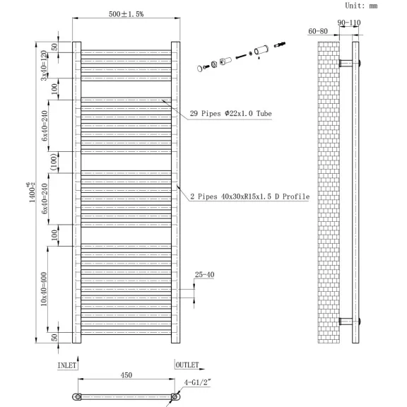 Egyenes törölközőszárító radiátor 1400x500 mm fekete Egyenes törölközőszárító radiátor 1400x500 mm fekete