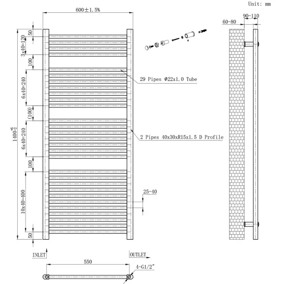 Egyenes törölközőszárító radiátor 1400x600 mm fekete Egyenes törölközőszárító radiátor 1400x600 mm fekete