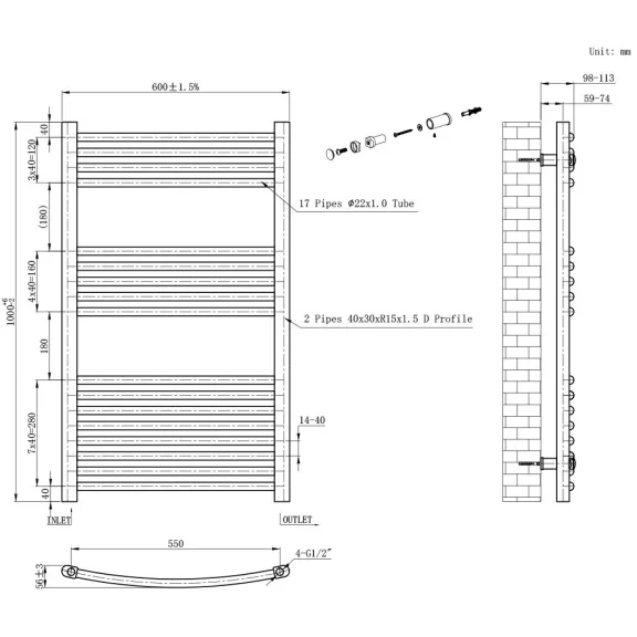 Íves törölközőszárító radiátor 1000x600 mm fekete Íves törölközőszárító radiátor 1000x600 mm fekete