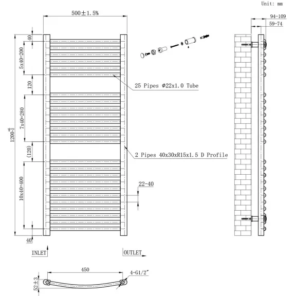 Íves törölközőszárító radiátor 1200x500 mm fekete Íves törölközőszárító radiátor 1200x500 mm fekete