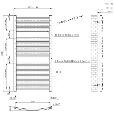 Íves törölközőszárító radiátor 1200x600 mm fekete