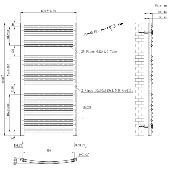 Íves törölközőszárító radiátor 1200x600 mm fekete Íves törölközőszárító radiátor 1200x600 mm fekete