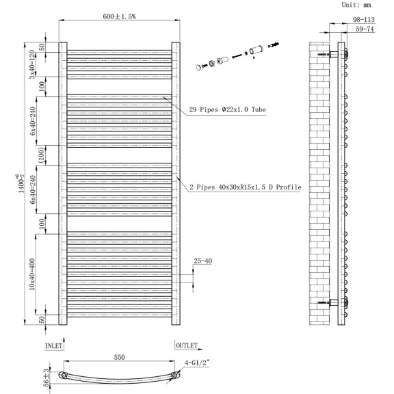 Íves törölközőszárító radiátor 1400x600 mm fekete Íves törölközőszárító radiátor 1400x600 mm fekete