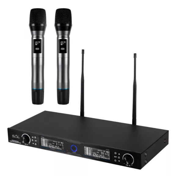 SAL MVN 910 vezeték nélküli mikrofonszett, digitális zajszűrés, 2x100 csatorna, ~140 m hatótáv, UHF frekvenciasáv, rack kompatibilis SAL MVN 910 vezeték nélküli mikrofonszett, digitális zajszűrés, 2x100 csatorna, ~140 m hatótáv, UHF frekvenciasáv, rack kompatibilis