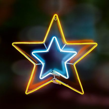 Home NEON 3 csillag figura, LED-es neon fény, villogó funkció, két oldalú, fém váz, IP44, kültéri, beltéri, jégkék, napsárga