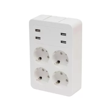   Home NV41USB tálcás USB-s elosztó, 4 földelt aljzat, 4 USB aljzat össz. 1,9A, elforgatható csatlakozódugó, max.3680W,