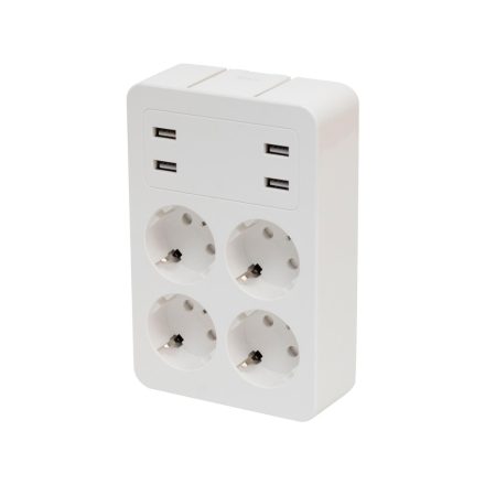 NV41USB tálcás USB-s elosztó, 4 földelt aljzat, 4 USB aljzat össz. 1,9A, elforgatható csatlakozódugó, max.3680W,