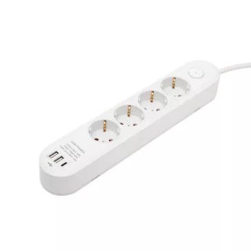   HOME NV4KUSBC hálózati elosztó, 1,5 m, H05VV-F 3G1,5 mm2 kábel, 4 védőérintkezős aljzat, USB töltőaljzat, max. 3680W, kétpólusú kapcsoló, beltéri kivitel