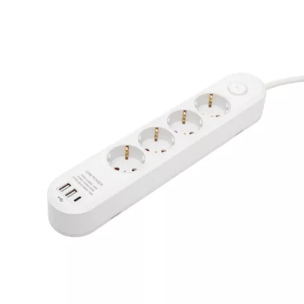 HOME NV4KUSBC hálózati elosztó, 1,5 m, H05VV-F 3G1,5 mm2 kábel, 4 védőérintkezős aljzat, USB töltőaljzat, max. 3680W, kétpólusú kapcsoló, beltéri kivitel