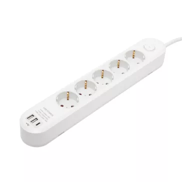   HOME NV5K3USBC hálózati elosztó, 3 m, H05VV-F 3G1,5 mm2 kábel, 5 védőérintkezős aljzat, USB töltőaljzat, max. 3680W, kétpólusú kapcsoló, beltéri kivitel