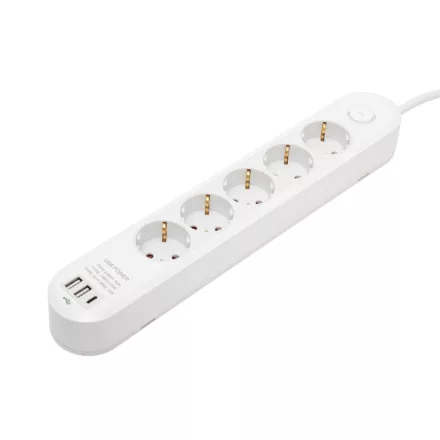 HOME NV5K3USBC hálózati elosztó, 3 m, H05VV-F 3G1,5 mm2 kábel, 5 védőérintkezős aljzat, USB töltőaljzat, max. 3680W, kétpólusú kapcsoló, beltéri kivitel