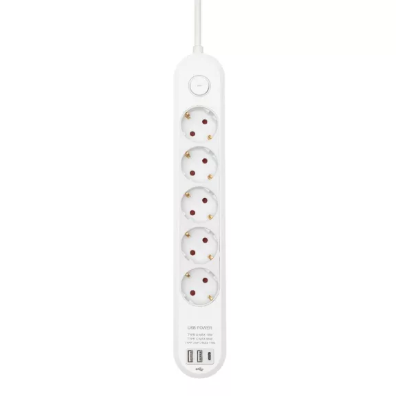 HOME NV5K3USBC hálózati elosztó, 3 m, H05VV-F 3G1,5 mm2 kábel, 5 védőérintkezős aljzat, USB töltőaljzat, max. 3680W, kétpólusú kapcsoló, beltéri kivitel HOME NV5K3USBC hálózati elosztó, 3 m, H05VV-F 3G1,5 mm2 kábel, 5 védőérintkezős aljzat, USB töltőaljzat, max. 3680W, kétpólusú kapcsoló, beltéri kivitel