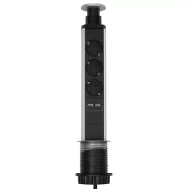   Home NVE 3/USB süllyesztett elosztó USB töltőaljzatokkal, 1,4 m, 3 földelt aljzat gyermekvédelemmel, asztalba, munkalapba építhető, süllyeszthető, max. 3680 W