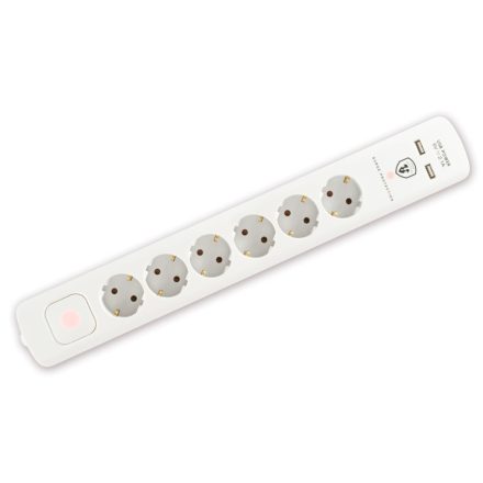 Home NVT 06K USB/WH túlfeszültség védett hálózati elosztó, 1,4 m, kapcsolós, H05VV-F 3G1,5 mm2 kábel, 6 aljzat, max. 3680W, falra akasztható, USB töltőaljzatok