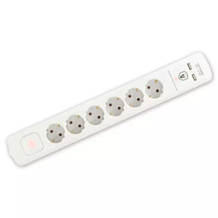 Home NVT 06K USB/WH túlfeszültség védett hálózati elosztó, 1,4 m, kapcsolós, H05VV-F 3G1,5 mm2 kábel, 6 aljzat, max. 3680W, falra akasztható, USB töltőaljzatok