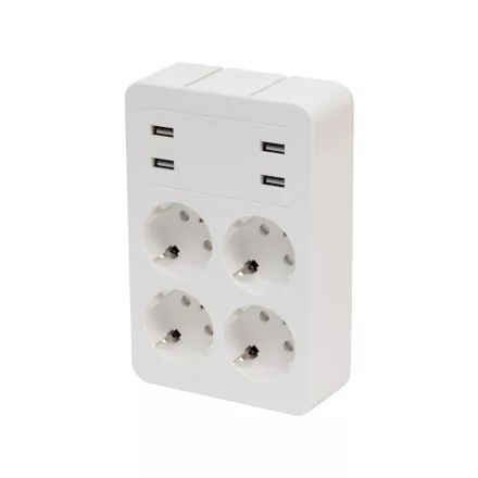 Home NV 4 USB tálcás USB-s elosztó, 4 földelt aljzat, 4 USB aljzat össz 2,4A, elforgatható csatlakozódugó, max.3680W