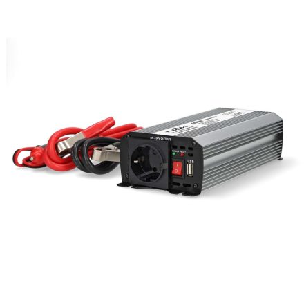 Inverter módosult szinuszhullám | Bemeneti feszültség: 12 V DC | Eszköz táp kimeneti csatlaakozó(k): Type F (CEE 7/3) / USB-A | 230 V AC 50 Hz | 600 W | Kimenő csúcs teljesítmény: 1200 W | Akkumulátorsaruk + Szivargyújtó | Ezüst