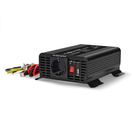 Inverter tiszta szinuszos | Bemeneti feszültség: 12 V DC | Eszköz táp kimeneti csatlaakozó(k): Type F (CEE 7/3) / USB-A / USB-C™ | 230 V AC 50 Hz | 300 W | Kimenő csúcs teljesítmény: 600 W | Csavaros Kapocs | Tiszta Szinusz Hullám | Biztosíték | Fekete