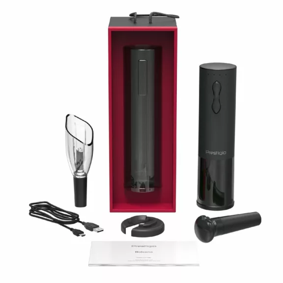Prestigio PWO101BK Bolsena dugóhúzó készlet, fóliavágó, levegőztető, vákuumos dugó, 500 mAh beépített akkumulátor Prestigio PWO101BK Bolsena dugóhúzó készlet, fóliavágó, levegőztető, vákuumos dugó, 500 mAh beépített akkumulátor