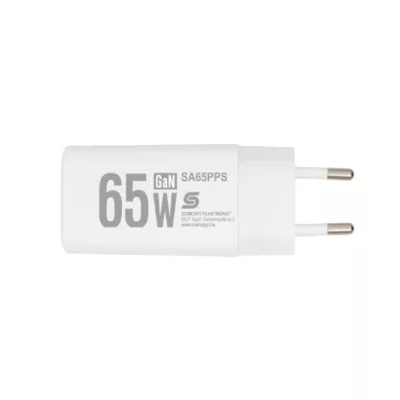   HOME SA65PPS USB hálózati szupergyors töltő, 65Watt, 2in1: USB-A + USB-C aljzat, QC + PD + PPS gyorstöltés, GaN technológia