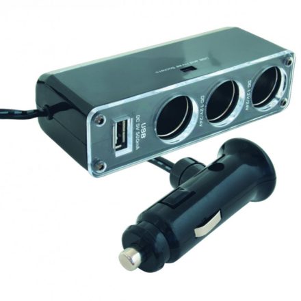 SAL SA 023 szivargyújtó elosztó, 4 készülék, ragasztható, 3 szivargyújtó max. 5A, USB max 1000 mA