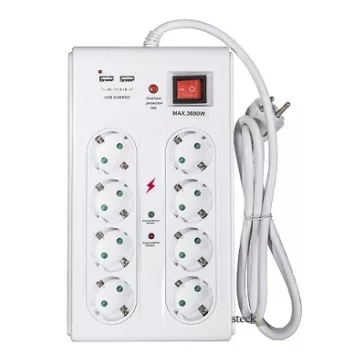   Steck, 8-as földelt + 2 USB port elosztó főkapcsolóval, TÚLFESZÜLTSÉG- ÉS TÚLTERHELÉS ELLENI VÉDELEM SEL 815