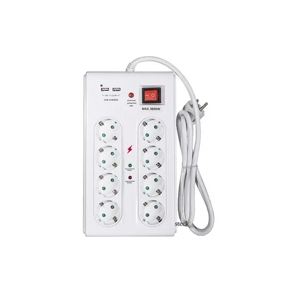 Steck, 8-as földelt + 2 USB port elosztó főkapcsolóval, TÚLFESZÜLTSÉG- ÉS TÚLTERHELÉS ELLENI VÉDELEM SEL 815 Steck, 8-as földelt + 2 USB port elosztó főkapcsolóval, TÚLFESZÜLTSÉG- ÉS TÚLTERHELÉS ELLENI VÉDELEM SEL 815