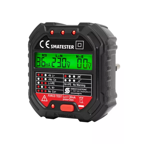 Home SMATESTER konnektor teszter, LED visszajelzők, Voltmérő, L-N, N-E, RCD mA, Fi és RCD relé ellenőrző, elem nélkül működik, max. 250 V~ aljzatokhoz Home SMATESTER konnektor teszter, LED visszajelzők, Voltmérő, L-N, N-E, RCD mA, Fi és RCD relé ellenőrző, elem nélkül működik, max. 250 V~ aljzatokhoz