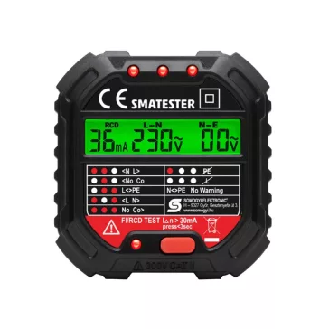   Home SMATESTER konnektor teszter, LED visszajelzők, Voltmérő, L-N, N-E, RCD mA, Fi és RCD relé ellenőrző, elem nélkül működik, max. 250 V~ aljzatokhoz