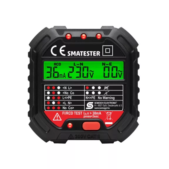 Home SMATESTER konnektor teszter, LED visszajelzők, Voltmérő, L-N, N-E, RCD mA, Fi és RCD relé ellenőrző, elem nélkül működik, max. 250 V~ aljzatokhoz Home SMATESTER konnektor teszter, LED visszajelzők, Voltmérő, L-N, N-E, RCD mA, Fi és RCD relé ellenőrző, elem nélkül működik, max. 250 V~ aljzatokhoz