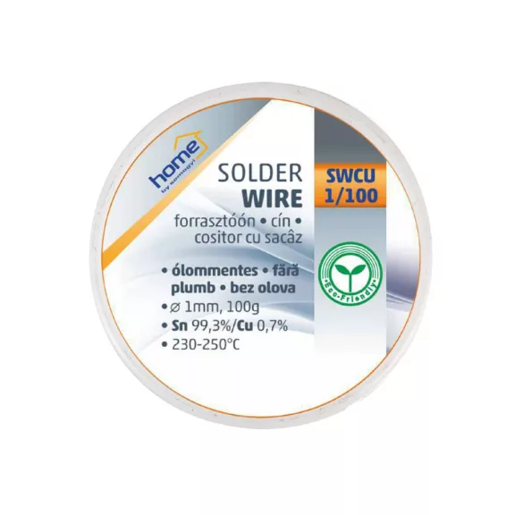 Home SWCU 1/100 forrasztóón 1mm, 100g, európai gyártótól származó kiváló minőségű forrasztóón, összetétel: SN/PB: 60/40%, gyanta: 2,0% Home SWCU 1/100 forrasztóón 1mm, 100g, európai gyártótól származó kiváló minőségű forrasztóón, összetétel: SN/PB: 60/40%, gyanta: 2,0%
