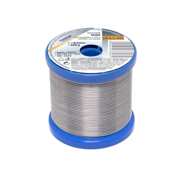 Home SW 0,5/250 forrasztóón, 0,5mm, 250g, európai gyártótól származó kiváló minőségű forrasztóón, összetétel: SN/PB: 60/40%, gyanta: 2,0% Home SW 0,5/250 forrasztóón, 0,5mm, 250g, európai gyártótól származó kiváló minőségű forrasztóón, összetétel: SN/PB: 60/40%, gyanta: 2,0%