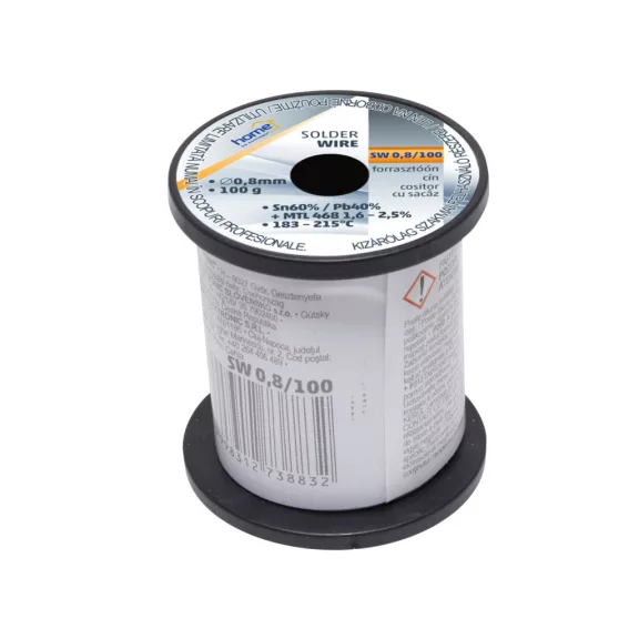 Home SW 0,8/100 forrasztóón, 0,8mm, 100g, európai gyártótól származó kiváló minőségű forrasztóón, összetétel: SN/PB: 60/40%, gyanta: 2,0% Home SW 0,8/100 forrasztóón, 0,8mm, 100g, európai gyártótól származó kiváló minőségű forrasztóón, összetétel: SN/PB: 60/40%, gyanta: 2,0%