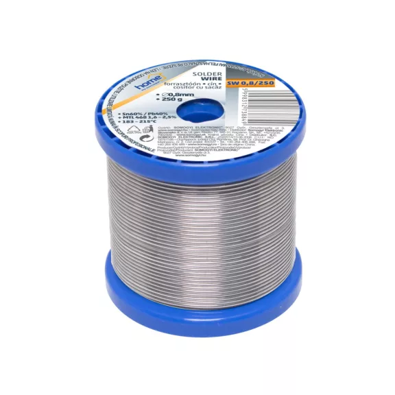 Home SW 0,8/250 forrasztóón, 0,8mm, 250g, európai gyártótól származó kiváló minőségű forrasztóón, összetétel: SN/PB: 60/40%, gyanta: 2,0% Home SW 0,8/250 forrasztóón, 0,8mm, 250g, európai gyártótól származó kiváló minőségű forrasztóón, összetétel: SN/PB: 60/40%, gyanta: 2,0%