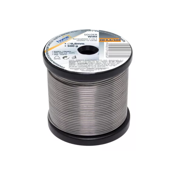 Home SW 0,8/500 forrasztóón, 0,8mm, 500g, európai gyártótól származó kiváló minőségű forrasztóón, összetétel: SN/PB: 60/40%, gyanta: 2,0% Home SW 0,8/500 forrasztóón, 0,8mm, 500g, európai gyártótól származó kiváló minőségű forrasztóón, összetétel: SN/PB: 60/40%, gyanta: 2,0%