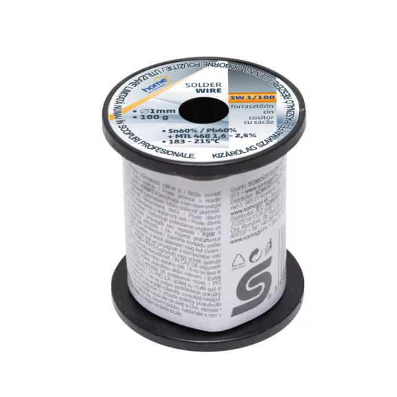 Home SW 1/100 forrasztóón, 1mm, 100g, európai gyártótól származó kiváló minőségű forrasztóón, összetétel: SN/PB: 60/40%, gyanta: 2,0% Home SW 1/100 forrasztóón, 1mm, 100g, európai gyártótól származó kiváló minőségű forrasztóón, összetétel: SN/PB: 60/40%, gyanta: 2,0%