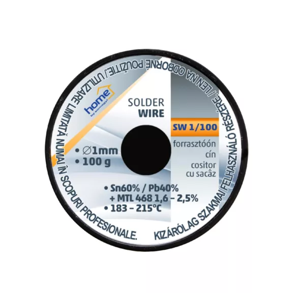 Home SW 1/100 forrasztóón, 1mm, 100g, európai gyártótól származó kiváló minőségű forrasztóón, összetétel: SN/PB: 60/40%, gyanta: 2,0% Home SW 1/100 forrasztóón, 1mm, 100g, európai gyártótól származó kiváló minőségű forrasztóón, összetétel: SN/PB: 60/40%, gyanta: 2,0%