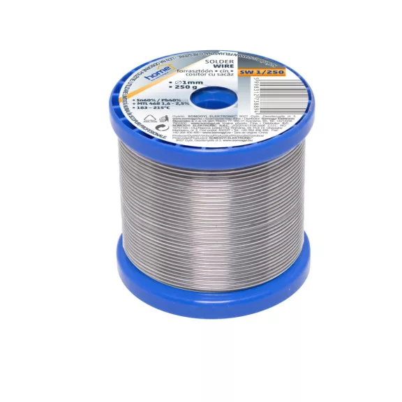 Home SW 1/250 forrasztóón, 1mm, 250g, európai gyártótól származó kiváló minőségű forrasztóón, összetétel: SN/PB: 60/40%, gyanta: 2,0% Home SW 1/250 forrasztóón, 1mm, 250g, európai gyártótól származó kiváló minőségű forrasztóón, összetétel: SN/PB: 60/40%, gyanta: 2,0%