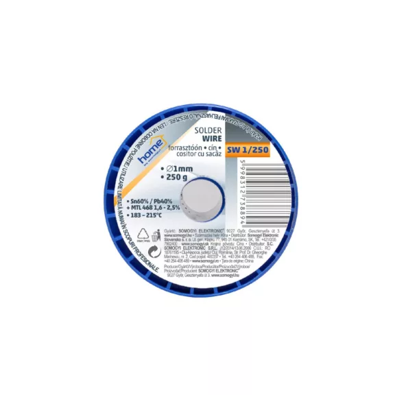 Home SW 1/250 forrasztóón, 1mm, 250g, európai gyártótól származó kiváló minőségű forrasztóón, összetétel: SN/PB: 60/40%, gyanta: 2,0% Home SW 1/250 forrasztóón, 1mm, 250g, európai gyártótól származó kiváló minőségű forrasztóón, összetétel: SN/PB: 60/40%, gyanta: 2,0%