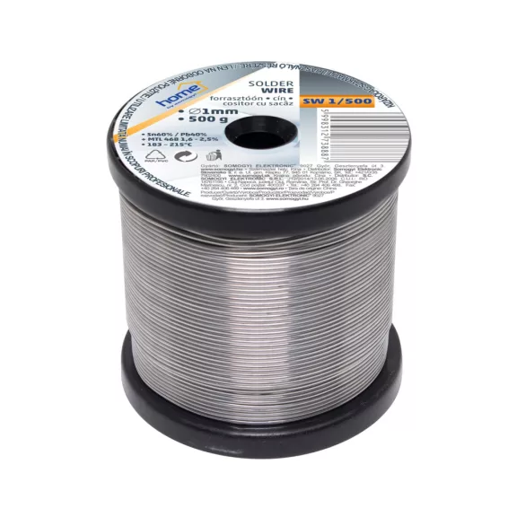 Home SW 1/500 forrasztóón, 1mm, 500g, európai gyártótól származó kiváló minőségű forrasztóón, összetétel: SN/PB: 60/40%, gyanta: 2,0% Home SW 1/500 forrasztóón, 1mm, 500g, európai gyártótól származó kiváló minőségű forrasztóón, összetétel: SN/PB: 60/40%, gyanta: 2,0%