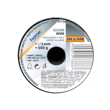   Home SW 1/500 forrasztóón, 1mm, 500g, európai gyártótól származó kiváló minőségű forrasztóón, összetétel: SN/PB: 60/40%, gyanta: 2,0%