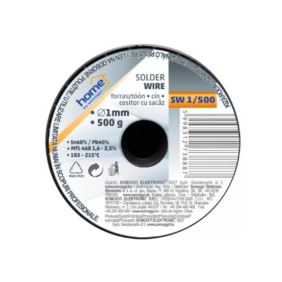 Home SW 1/500 forrasztóón, 1mm, 500g, európai gyártótól származó kiváló minőségű forrasztóón, összetétel: SN/PB: 60/40%, gyanta: 2,0% Home SW 1/500 forrasztóón, 1mm, 500g, európai gyártótól származó kiváló minőségű forrasztóón, összetétel: SN/PB: 60/40%, gyanta: 2,0%