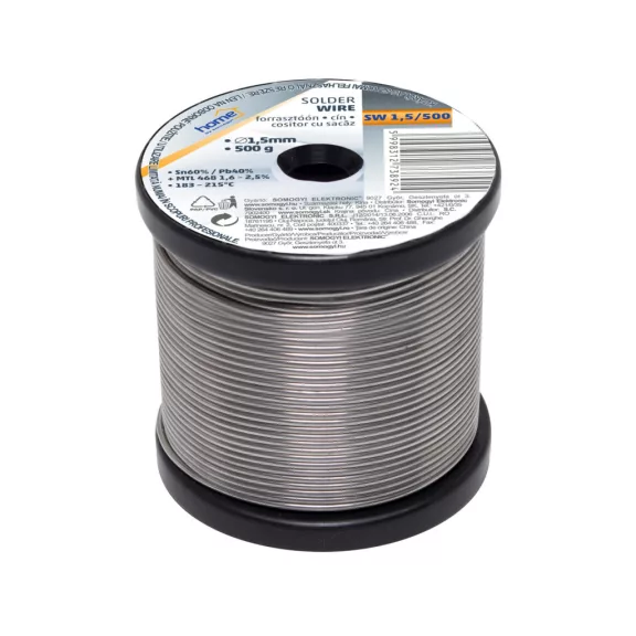 Home SW 1,5/500 forrasztóón, 1,5mm, 500g, európai gyártótól származó kiváló minőségű forrasztóón, összetétel: SN/PB: 60/40%, gyanta: 2,0% Home SW 1,5/500 forrasztóón, 1,5mm, 500g, európai gyártótól származó kiváló minőségű forrasztóón, összetétel: SN/PB: 60/40%, gyanta: 2,0%