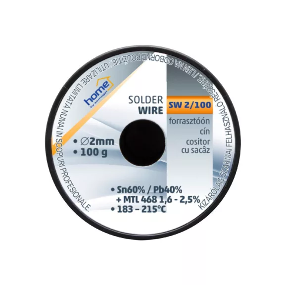 Home SW 2/100 forrasztóón, 2mm, 100g, európai gyártótól származó kiváló minőségű forrasztóón, összetétel: SN/PB: 60/40%, gyanta: 2,0% Home SW 2/100 forrasztóón, 2mm, 100g, európai gyártótól származó kiváló minőségű forrasztóón, összetétel: SN/PB: 60/40%, gyanta: 2,0%