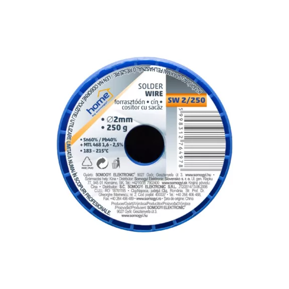 Home SW 2/250 forrasztóón, 2mm, 250g, európai gyártótól származó kiváló minőségű forrasztóón, összetétel: SN/PB: 60/40%, gyanta: 2,0% Home SW 2/250 forrasztóón, 2mm, 250g, európai gyártótól származó kiváló minőségű forrasztóón, összetétel: SN/PB: 60/40%, gyanta: 2,0%