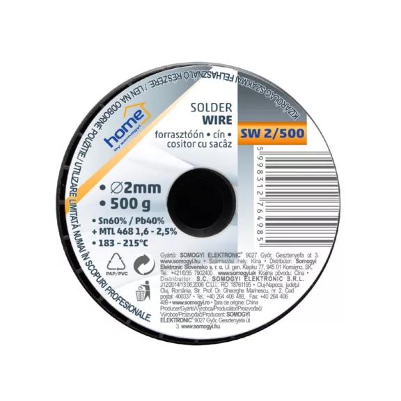 Home SW 2/500 forrasztóón, 2mm, 500g, európai gyártótól származó kiváló minőségű forrasztóón, összetétel: SN/PB: 60/40%, gyanta: 2,0% Home SW 2/500 forrasztóón, 2mm, 500g, európai gyártótól származó kiváló minőségű forrasztóón, összetétel: SN/PB: 60/40%, gyanta: 2,0%