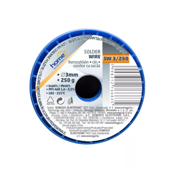 Home SW 3/250 forrasztóón, 3mm, 250g, európai gyártótól származó kiváló minőségű forrasztóón, összetétel: SN/PB: 60/40%, gyanta: 2,0% Home SW 3/250 forrasztóón, 3mm, 250g, európai gyártótól származó kiváló minőségű forrasztóón, összetétel: SN/PB: 60/40%, gyanta: 2,0%