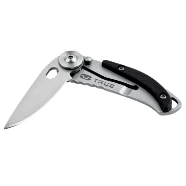   True Utility Skeletonknife, TU571K, 4 cm rozsdamentes acél penge, eloxált alumínium tok, karabiner rögzítési pont, jobb és balkezes