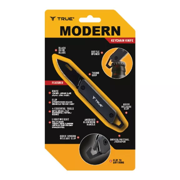 True Utility Modern Keychain Knife, TU7060N, 4 cm rozsdamentes acél penge, multifunkcionális, eloxált alumínium markolat