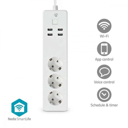 Nedis SmartLife elosztót | Wi-Fi | 3x Földelt csatlakozó (CEE 7/3) / 4 x USB | 1.80 m |  Android™ / IOS | Fehér WIFIP312FWT